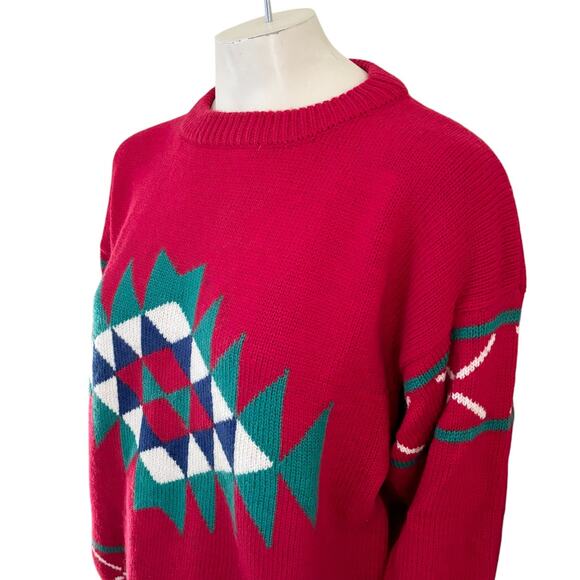 VTG MIGHTY MAC Wool Cotton Ski Lodge Crew Neck Sweater in Red SZ L - Picture 4 of 11